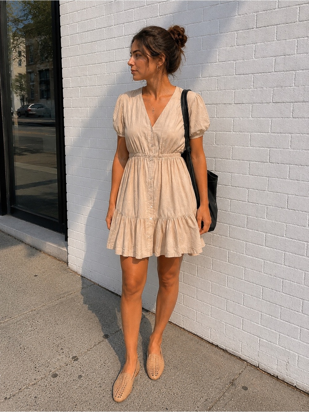 Ellen Tracy Women’s Short Ruffle Hem V-Neck Dress in Beige